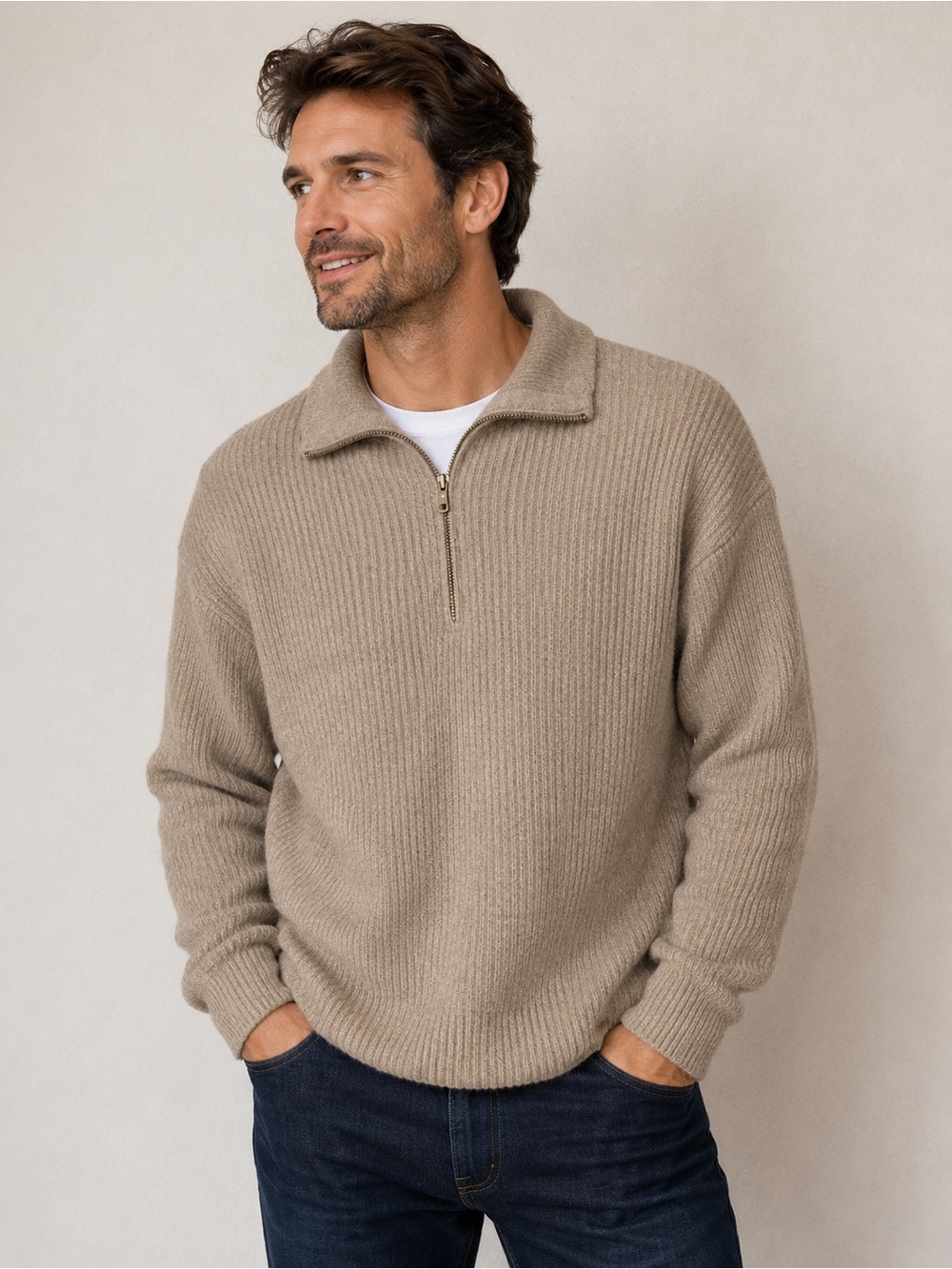 J.Crew Ribbed Merino Wool Half Zip Sweater Men’s Small Beige